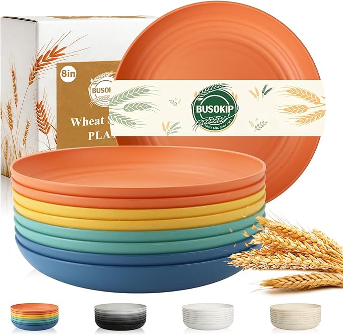 Wheat Straw Plate 8 Inch, Unbreakable Dinner Plates Set of 8, Microwave & by BUSOKIP