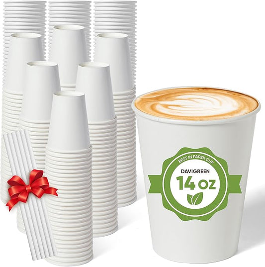 Paper Cups 14 oz – 200 Disposable Coffee Cups with 100 Paper Straws | Hot Cups for Coffee & Tea up to 150°F | Food-Contact Compliant Paper (FDA 21 CFR 176.170)