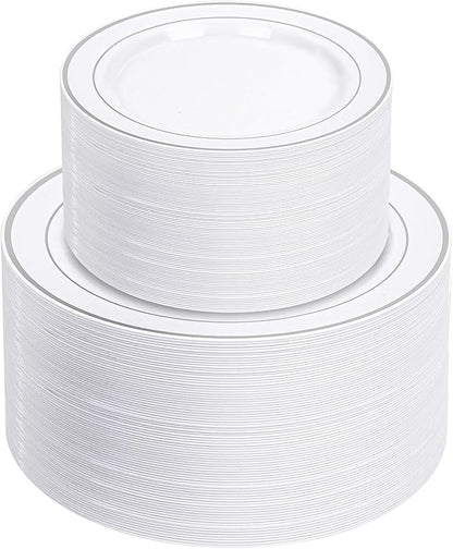 200 PCS Silver Plastic Plates, Silver Disposable Party Plates, Premium Christmas Plastic Plate Include 100 Dinner Platos 10'' and 100 Dessert Platos 7'' Perfect for Birthday, Christmas & Party