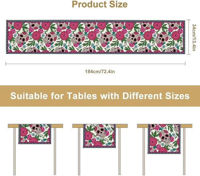 YCness Dia De Los Muertos Table Runner Red Floral Cinco De Mayo Rustic Linen - Image 3