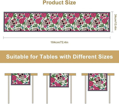 YCness Dia De Los Muertos Table Runner Red Floral Cinco De Mayo Rustic Linen - Image 3