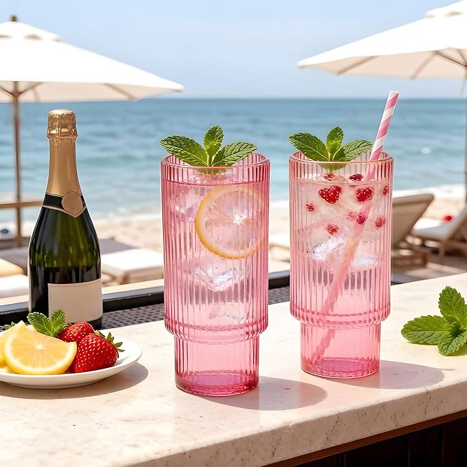 12 oz Ribbed Drinking Glasses Set of 12, Highball Glass Cups Ridged Glass - Image 3