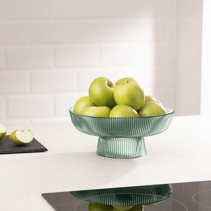 Navaris Glass Fruit Bowl - Decorative Fluted Colored Table Centerpiece Dish - 10.2" Diameter Green Tinted Bowl for Snacks and Candy