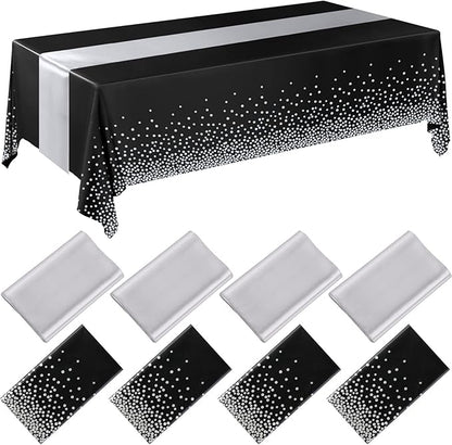 Breling 8 Pack Black and Silver Disposable Plastic Tablecloths and Satin Table Runner Set, 54 x 108 Inch Tablecloth, 12 x 108 Inch Table Runners for Wedding Graduation Birthday Baby Shower New Year