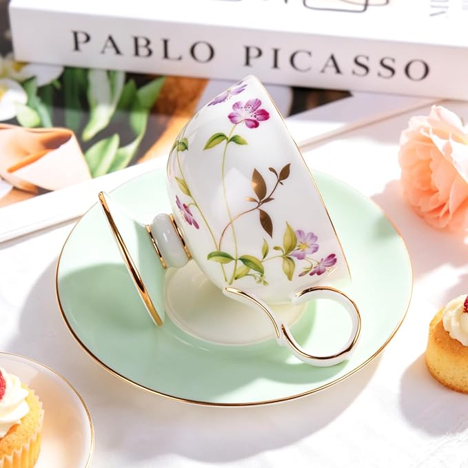 KAMMAK Tea Cups Set of 2, Ceramic Floral Pattern Demitasse Cup | Porcelain - Image 4