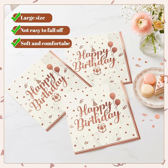 NatNarr 50 Pcs Happy Birthday Plates and Napkins Set, 7 Inch Pin Rose Gold - Image 5