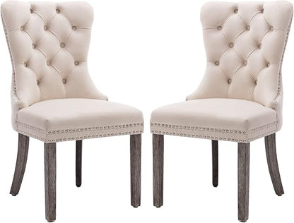 KCC Velvet Dining Chairs Set of 2, Upholstered High-end Tufted Dining Room Chair with Nailhead Back Ring Pull Trim Solid Wood Legs, Nikki Collection Modern Style for Kitchen, Beige