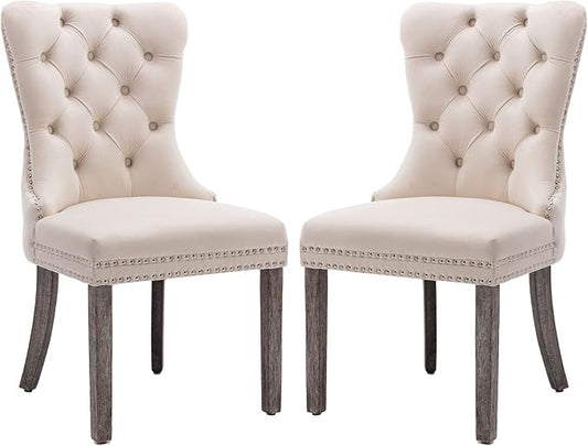 KCC Velvet Dining Chairs Set of 2, Upholstered High-end Tufted Dining Room Chair with Nailhead Back Ring Pull Trim Solid Wood Legs, Nikki Collection Modern Style for Kitchen, Beige