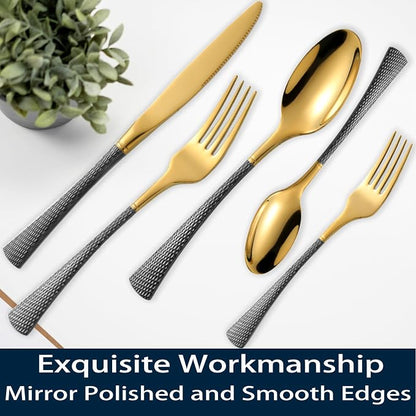 Hammered Black Gold Silverware Set, 20 Piece Modern Flatware Set Service - Image 7