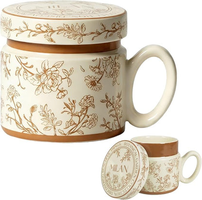 12.9oz Ceramic Coffee Mug with Lid, Flower Patterned Porcelain Mug, Ceramic Tea by HIKIWIN
