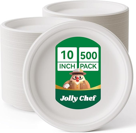 JOLLY CHEF Compostable Heavy Duty Plates 𝟭𝟬 𝗜𝗻𝗰𝗵 [𝟱𝟬𝟬 𝗣𝗮𝗰𝗸] Eco-Friendly Disposable White Uncoated Paper Plates Bagasse Sugarcane Biodegradable for Hot Cold Food Party Dinner Christmas