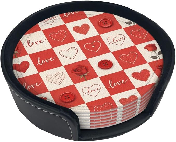 Romantic Love Hearts Checkered Roses Leather Coasters Set of 6 by Nameapo