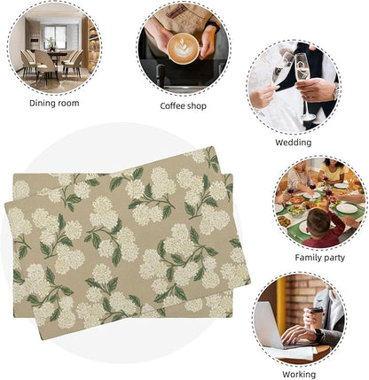 Beige Placemats Set of 4 Khaki Green Hydrangea Flower Decor Place Mats 12x18 Inch Vintage Floral Spring Summer Seasonal Decorative Linen Table Mats for Kitchen Dining Party Table Decoration
