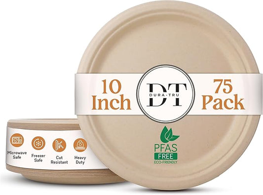 Heavy Duty Eco-Friendly PFAS-free Compostable Plates, Disposable Plates - Sugarcane Party Plates | 100% Bagasse Biodegradable (75, Natural, 10")