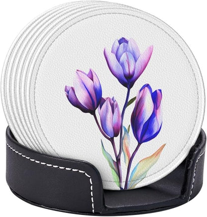 Purple Flower Tulip Leather Coasters Set of 6 - Image 9