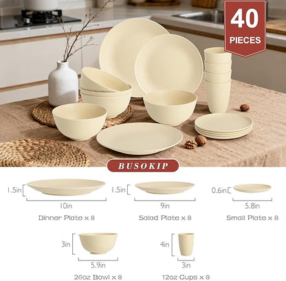 40 PCS Wheat Straw Dishes Sets | Reusable Dinnerware Set for 8 - Dinner Plates, Cereal Bowls, Drinking Glasses Unbreakable Plastic Plates and Bowls Sets Microwave Safe for Kitchen - Beige