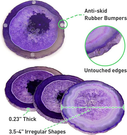 Agate Coaster Set of 4, 3.5-4" Natural Geode Stone Coasters for Drinks Coffee Table Decor Agate Slices Glass Cups Holder for Home Guest Room Housewarming Birthday Gift (Purple)