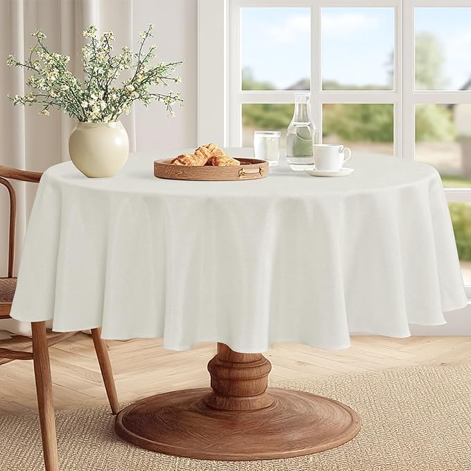 JIUZHEN Round Table Cloth Faux Linen Farmhouse Tablecloth Wrinkle & Stain Resistant Table Cover for Kitchen Dining, Holiday Party Dinner, White, 70 Inch Round