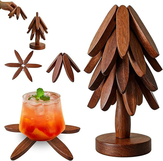 Wooden Trivets for Hot Dishes, Wooden Tree Trivet Set, Natural Tree Trivet Set - Foldable Coasters for Kitchen Counter, Hot Pots and Pans, Heat Resistant Table Protectors