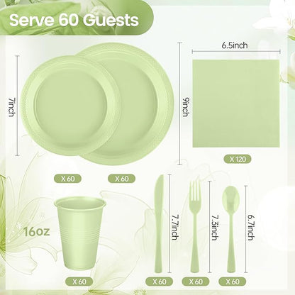 Kochorie 480 Pieces Sage Green Plastic Dinnerware Set Disposable Heavy Duty Plates Napkins Cups Silverware Dessert Dinner Plates for Birthday Wedding Baby Shower Party Supplies, Serves 60 Guests
