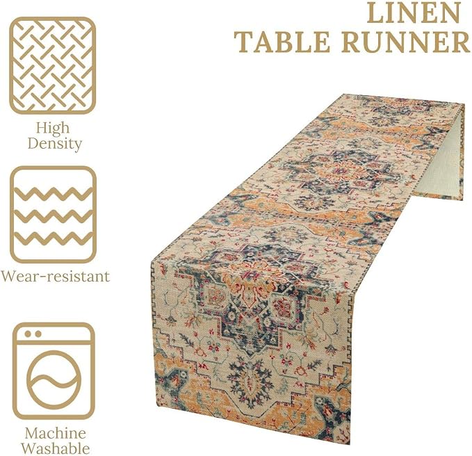 Bohemia Orange Table Runner, Rustic Farmhouse Vintage Geometric Floral Print - Image 4