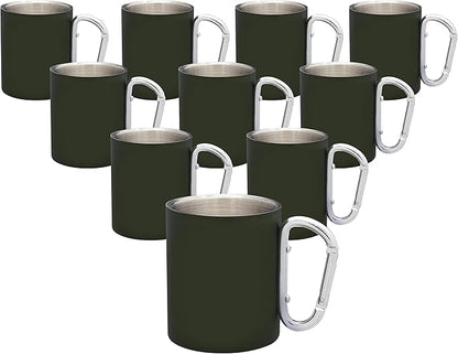 DISCOUNT PROMOS Stainless Steel Mugs with Carabiner Handle 10 oz. Set of 10, Bulk Pack - Perfect for Coffee, Soda, Other Hot & Cold Beverages - Army Green