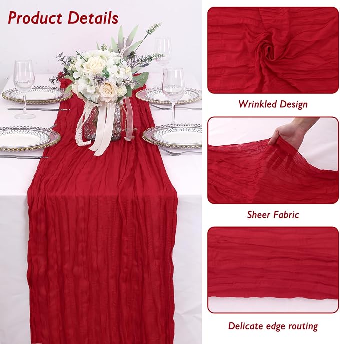 3 Pack Red Cheesecloth Table Runner 120 Inch Boho Wedding Decor | Cheesecloth - Image 3