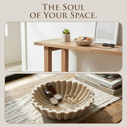 Modern Decorative Bowl for Home Decor - 10.6” Large Beige Resin & Sandstone Centerpiece Bowl for Entryway Table, Coffee Table, Kitchen Counter or Serving Fruit, Includes 10PCS Artificial Moss Rocks