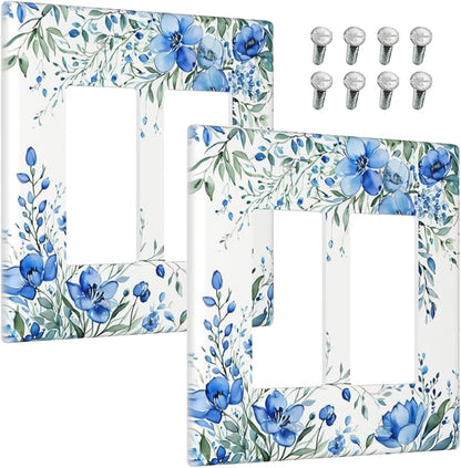 Outlet Covers Blue Watercolor Flowers Retro Floral Leaves 2 Gang Light Switch Cover Double Rocker Wall Plate Decorative GFCI Receptacle Electrical Switchplate for Bathroom Bedroom Decor（2 Pack）
