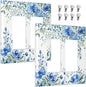 Outlet Covers Blue Watercolor Flowers Retro Floral Leaves 2 Gang Light Switch Cover Double Rocker Wall Plate Decorative GFCI Receptacle Electrical Switchplate for Bathroom Bedroom Decor（2 Pack）
