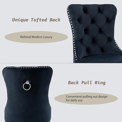 KCC Velvet Dining Chairs Set of 4, Upholstered High-end Tufted Dining Room Chair with Nailhead Back Ring Pull Trim Stainless Steel Legs, Contemporary Nikki Collection Modern Style for Kitchen, Black