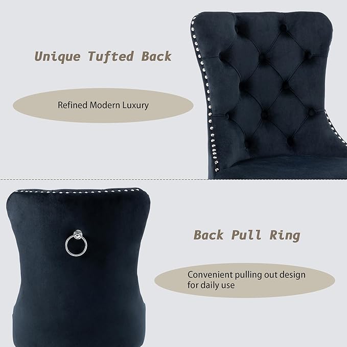 KCC Velvet Dining Chairs Set of 6, Upholstered High-end Tufted Dining Room Chair with Nailhead Back Ring Pull Trim Stainless Steel Legs, Contemporary Nikki Collection Modern Style for Kitchen, Black