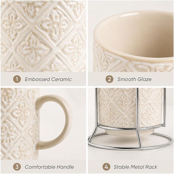 6 Oz Coffee Cups with Stand, Stackable Espresso Cups Set of 4, Ceramic - Image 3