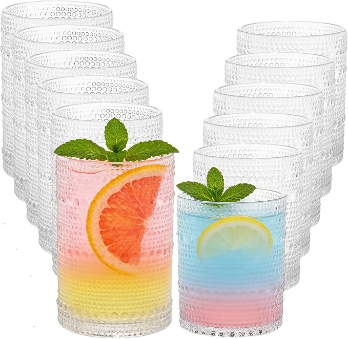 Hobnail Beaded Drinking Glasses Set of 12, 12 oz & 15oz Vintage Glassware Set by XKXKKE