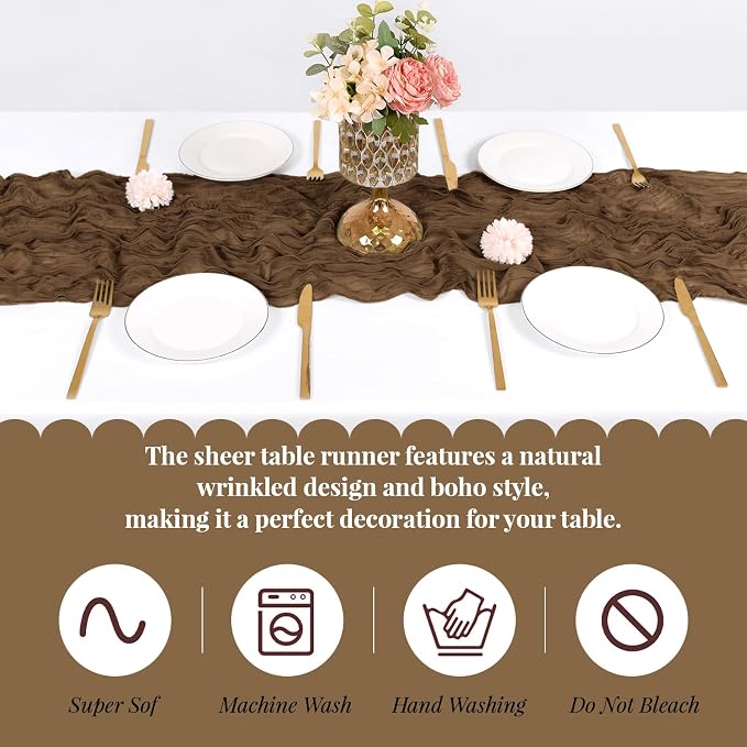 3 Pack Brown Cheesecloth Table Runner, 17 x 108 Inch, Gauze Cheese Cloth Table - Image 5