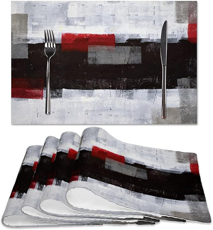 Red and Grey Modern Art Placemats Set of 4, Heat Resistant Non-Slip Artwork Dining Placemats, Washable Place Mats for Home Kitchen (Red and Grey, 18"X12")