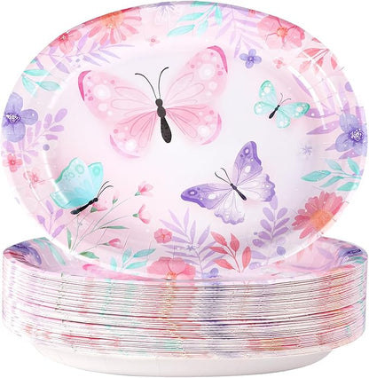 50Pcs Butterfly Oval Paper Plates 10" x 12" Large Disposable Heavy Duty Watercolor Butterfly Floral Party Plates Pink Spring Dessert Platters for Girls Baby Shower Butterfly Birthday Party Supplies