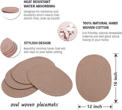 Braided Placemats Set of 4 Cotton Fabric Oval Table Mats Non Slip Washable 16 * 12 inch Oval Place Mats, 4 Pack Jute Woven Placemats