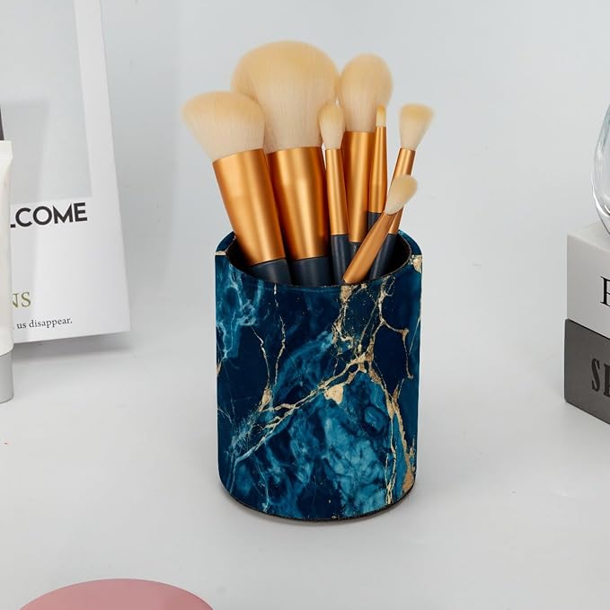Navy Blue Abstract Marble Leather Pen Holder - Image 6