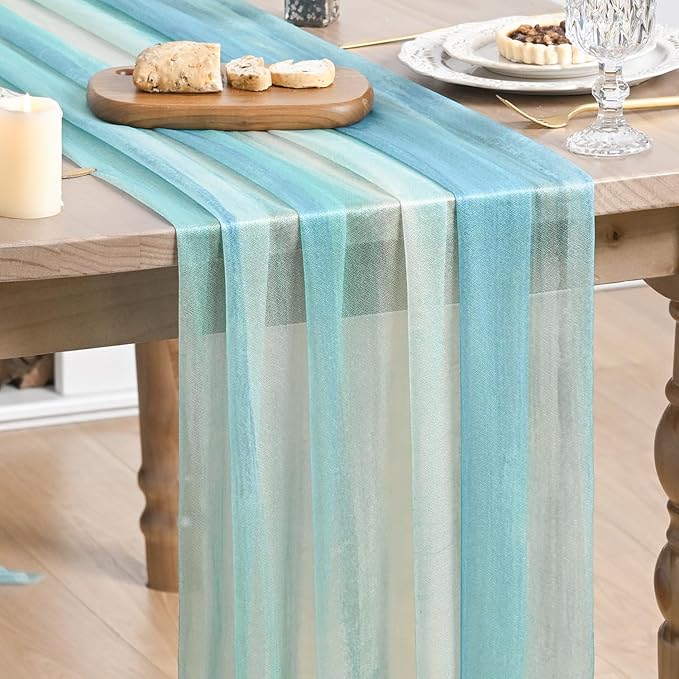 Artoid Mode Boho Blue Stripes Spring Chiffon Table Runner 120 Inches 10FT by ArtoidMode