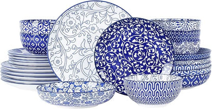 Selamica Ceramic Dinnerware Sets for 6, 24 Piece Plates and Bowls Sets, Scratch Resistant Dishes Set-Dishwasher & Microwave & Oven Safe, Vintage Blue