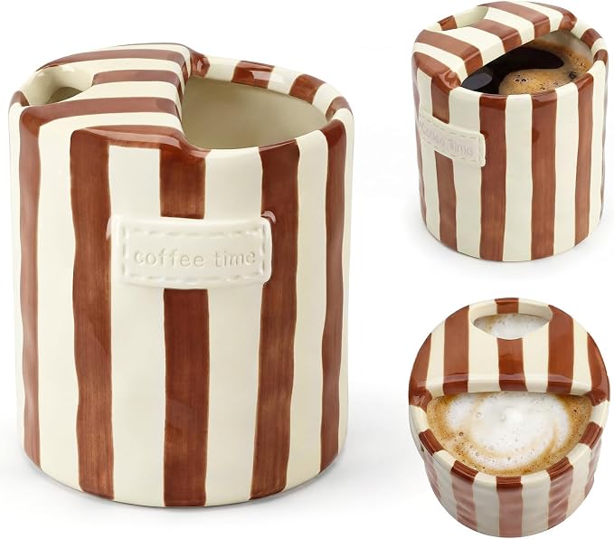 10oz Ceramic Coffee Mug with Sip Hole, Striped Espresso Cups by Nisuez