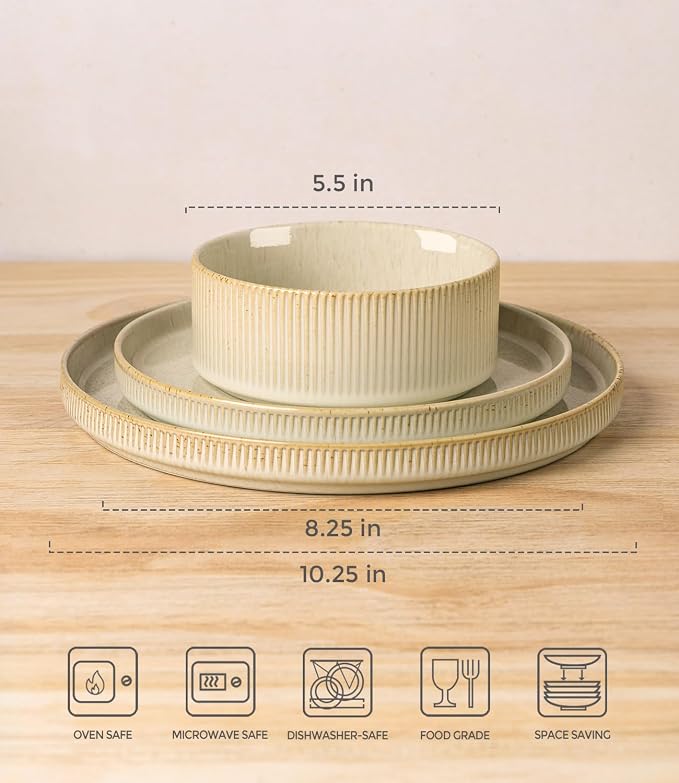 Ceramic Dinnerware Set for 4, 12-Piece Plates and Bowls Set | Lightweight - Image 7