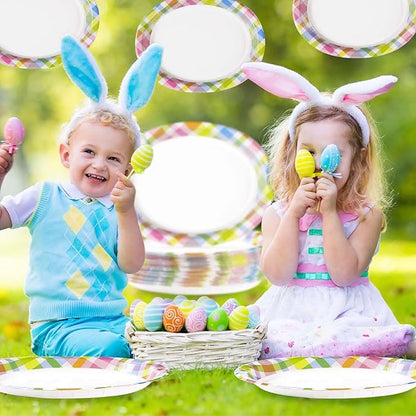 50Pcs Easter Oval Paper Plates 10" x 12" Large Disposable Heavy Duty Color Easter Buffalo Plaid Checkered Paper Platters Spring Rainbow Dessert Plates for Holiday Dinner Birthday Party Supplies