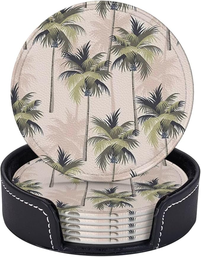 6 Pcs Palm Tree Tropical Plant Silhouette Leather Coasters by CAPVKING