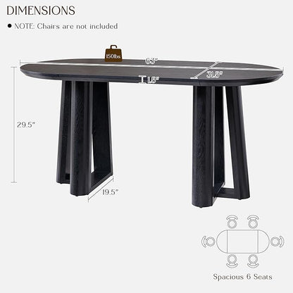 OKD 63" Dining Table for 6-8, Oval Dining Room Table with Triangular Structure Pedestal Stable Base, Curved Table Edge, Circle Kitchen Tables for Dining Room, Kitchen, Black Oak