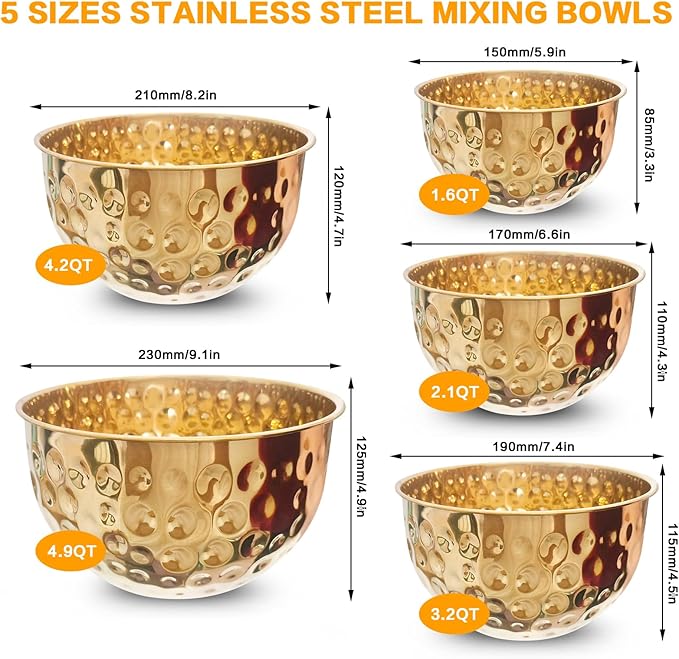 5-Piece Stainless Steel Mixing Bowls Set, Metal Hammered Gold Mixing Bowls for Kitchen, Cooking, Baking, Salad Prep, Food Storage, Reusable Nesting Design, 1.6-4.9 QT Capacity, Dishwasher Safe
