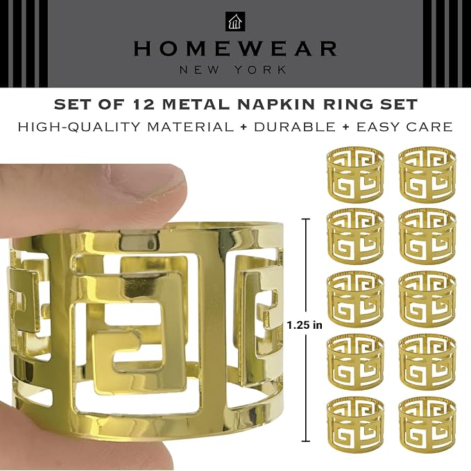 Shiny Gold Napkin Rings Set of 12, Greek Key Round, Modern Cuff Design - Image 4