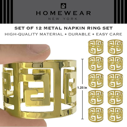 Shiny Gold Napkin Rings Set of 12, Greek Key Round, Modern Cuff Design - Image 4