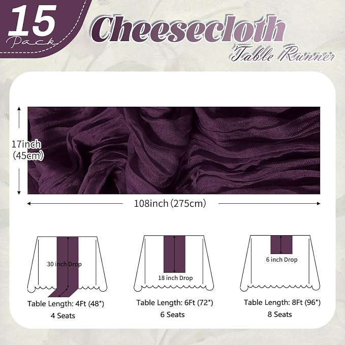 15 Pack Dark Purple Cheesecloth Table Runner 17 x 108 inch Cheese Cloth Table - Image 2